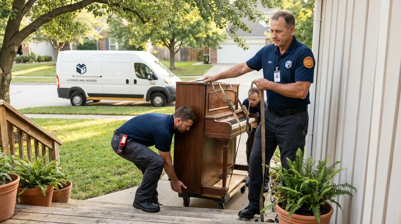 Licensed piano movers securing grand piano in Altus, OK