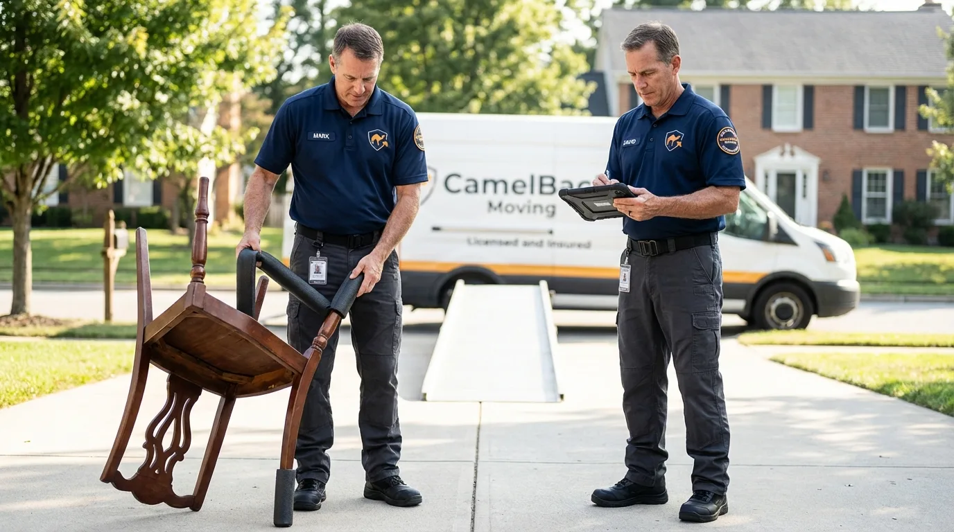 Movers inspecting furniture for damage prevention before loading in Altus, OK